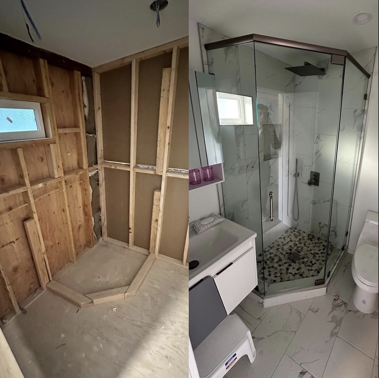 Before and after of a bathroom shower: open framing on the left, finished glass and tile shower on the right.